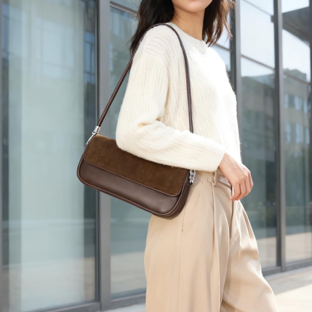 Coffee Suede Satchel-Style Shoulder Crossbody Bag for Women, Anti-Theft Flip Cover with Zipper - Timeless Brown Suede Handbag (Coffee) - Image 2