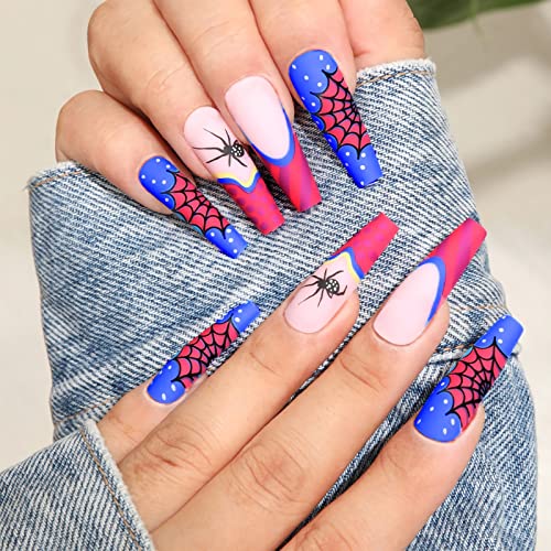 Halloween Press on Nails Long Fake Nails with Nail Glue Coffin False Nails Matte Spider Web Design Stick on Nails Square Nail Tips Acrylic Nails for Women Manicure Decorations 24Pcs（Black Red Pink）