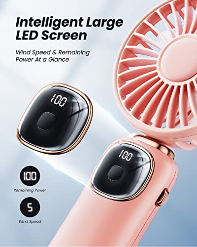 Image of Portable Handheld 4000mAh Battery Operated Fan with LED Display, 3 in 1 Personal Small Fan for Neck /Desk, 90 Foldable with Base, 5 Speed Lash Makeup Fan Pink