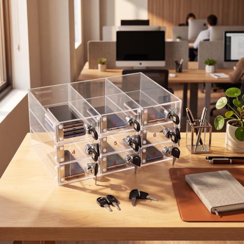 Image of Layhit Clear 9 Slots Cell Phone Locker Box for Classroom Clear Acrylic Cell Phone Storage Cabinet Bin with Door Locks for Classroom School Students Office Factory Employees