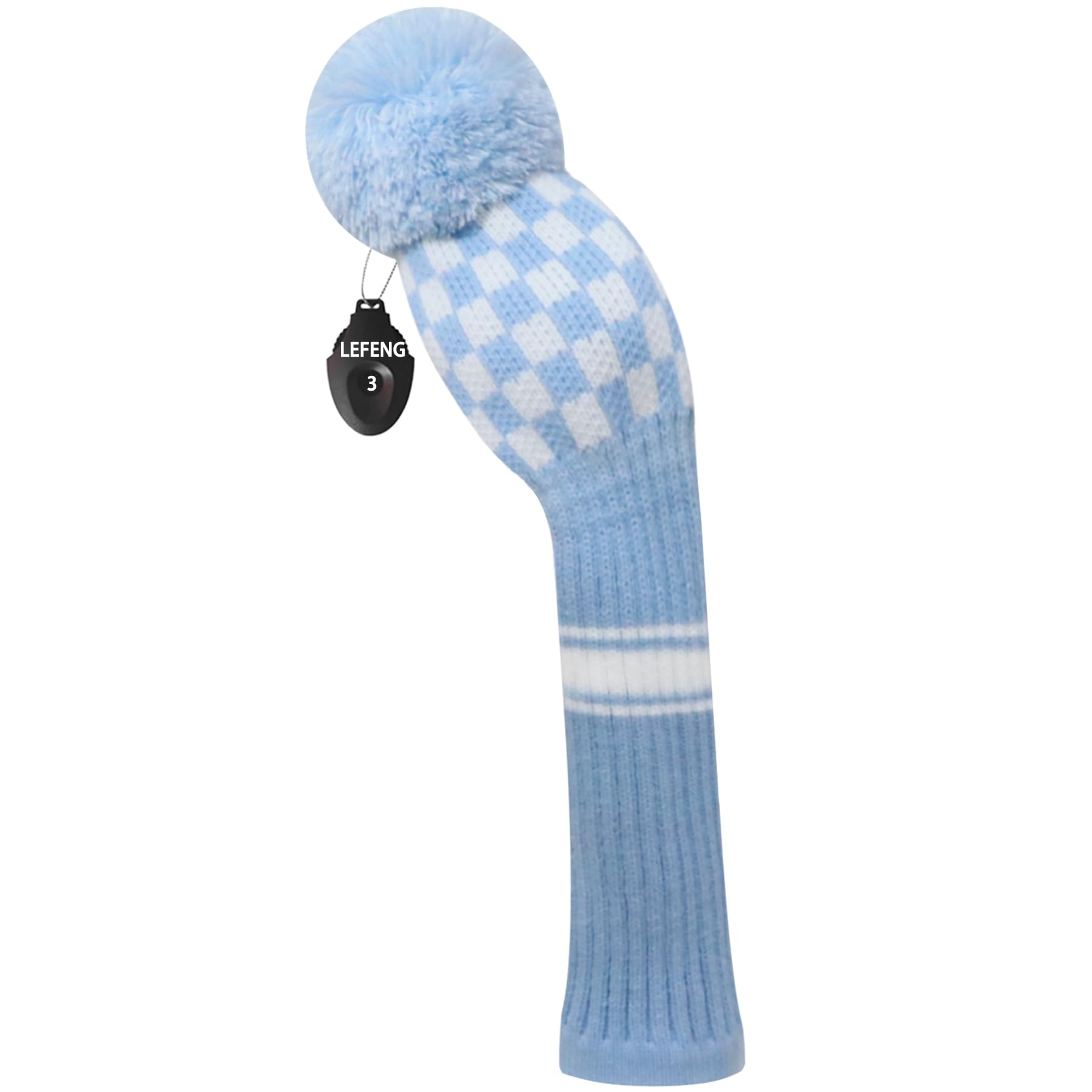 LeFeng 1Pcs Golf Club Cover, Knitted Golf Head Cover for 460cc Driver Fairway Woods and Hybrid with Cute Pom Pom and Number Tag(Blue White Plaid,for Fairway)