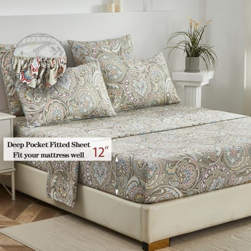 Image of FADFAY Paisley Sheets Set Twin XL Boho Paisley College Bedding Luxurious Bohemian Damask Dorm Bedding 100% Egyptian Cotton 800 Thread Count Deep Pocket Fitted Sheet 4Pcs, Twin XL Size