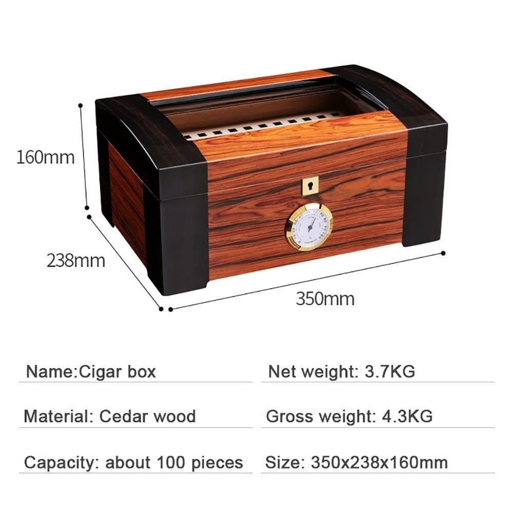Cigar Humidor Cedar Wood Box z higrometrem i nawilżaczem, przezroczystą szklaną osłoną i blokadą bezpieczeństwa, utrzymuje do 100 cygar