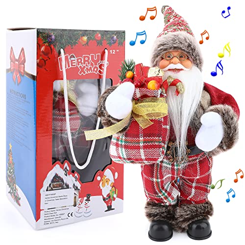 Holres Muñeca eléctrica de pie de Papá Noel de Navidad, figura de Papá Noel tradicional de lujo con bolsa de regalo, adornos de Papá Noel para decoración de mesa de Navidad, novedad, 30 cm Cover
