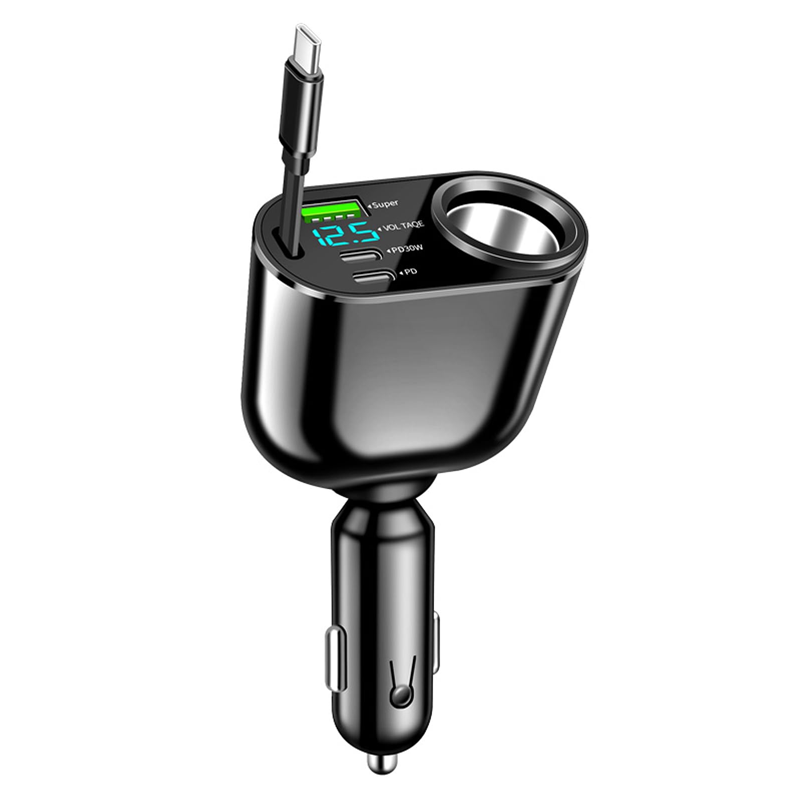 JOEWAREシガーソケット 増設【PD30W急速充電】巻き取り式充電ケーブル 車 充電器 シガーソケット 5台同時 しがーソケット USB C カーチャージャー 1秒で収縮 角度調整 LED付 オート電圧測定 スマート識別スマートチップの多重保護グッズ 12-24V車兼用