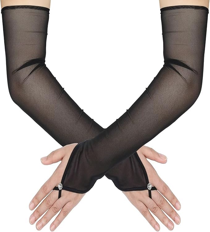 Theaque Women's Long Fingerless Sheer Gloves Tulle Mesh Gloves for Wedding Bridal Opera Party Halloween Costume (Black, One Size)