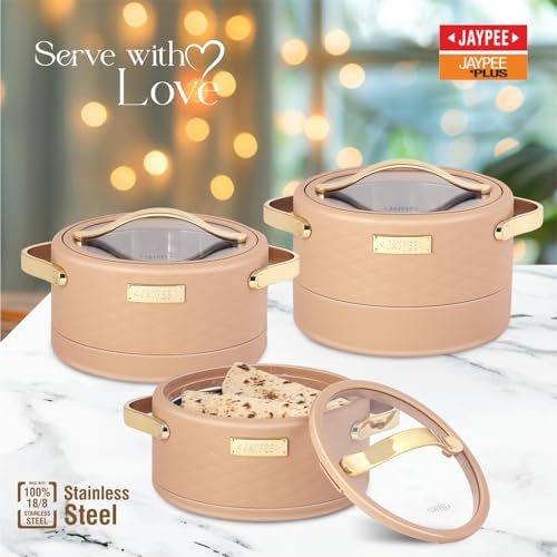 Image of JAYPEE Luxura Klass Set Inner Steel Serving Painted Casserole Set Of 3 Toughened Glass Lid Advanced PU Insulated 100% Food Grade Lockable Hot Box Easy To Keep Roti,Pulao & More|1500,2000,2500 Ml,Brown