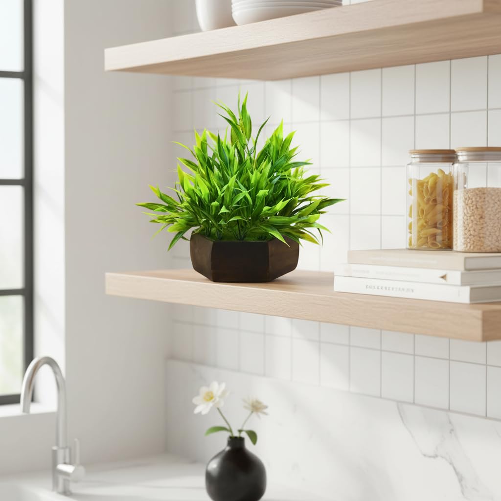 fancymart Artificial Bamboo Leaves in Wooden Hexagon 5-Inch Pot – Elegant Tabletop Plant Decoration for Living Room, Office Desk & Shelf Styling (Pack of 1) 2