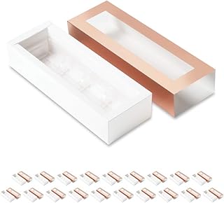 BAKIPACK 20 Rose Gold Truffle Box, Chocolate Box Packaging, Candy Boxes with 4-Piece Plastics Tray (Tray Size with 5.75x2.75 Inches), Pull Out Packing with Clear Window Sleeves