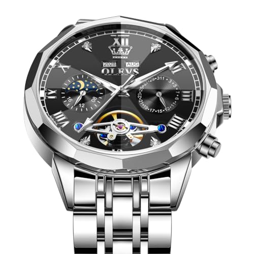 Image of OLEVS Automatic Watches for Men Business Dress Mechanical Watch Stainless Steel Waterproof Self Winding Classic Date Luxury Diamond Skeleton Men Wristwatch