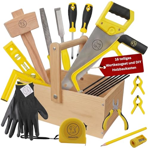 Eli® Kinderwerkzeug Set ab 6 Jahre inkl Holzkiste- Kindersäge - Hammer - Holzraspel - Wasserwaage - Schraubenzieher und vieles mehr - echtes Werkzeug Set für alle junge Baumeister und Bauarbeiter