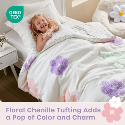 Urban Habitat Kids Twin Comforter Set for Girls, Tufted Chenille Floral Comforter Set Twin, Lightweight Polka Dot Comforter Reversible Bed Set, Sham, Pillow, Gracie, Twin White/Purple 3 Piece
