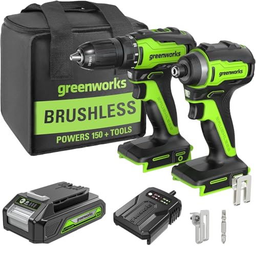 Greenworks 24V Kit combiné visseuse à chocs 200Nm et perceuse 35Nm, avec batterie 2Ah et chargeur