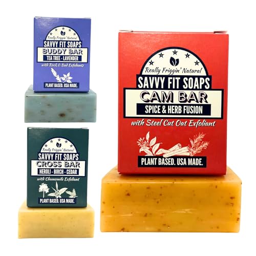 Savvy Fit Soaps Handmade Natural Soap Bar - TOP MENS BARS - CAM Bar, BUDDY Bar, CROSS Bar Soap Bars - Plant-Based - Both Body & Face - Cruelty-Free Gift (Pack of 3) 4.5 oz/Bar