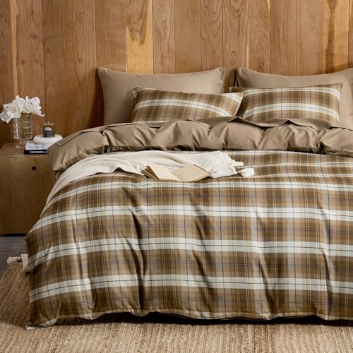 Image of Wake In Cloud - Plaid Comforter Set, Scottish Tartan Check Geometric Modern Pattern Printed, Soft Lightweight Bedding, 3 Pieces, Brown, Full Size