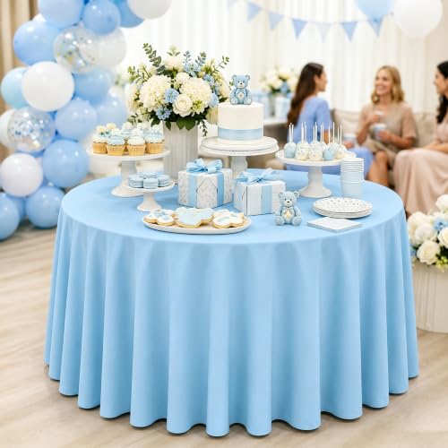 Image of WNINK 2 Pack Light Blue Round Tablecloth, 84 Inch Disposable Plastic Table Covers, Light Blue Round Table Cover for Birthday Parties, Holiday, Picnic, BBQ, Family Gathering Party Supplies