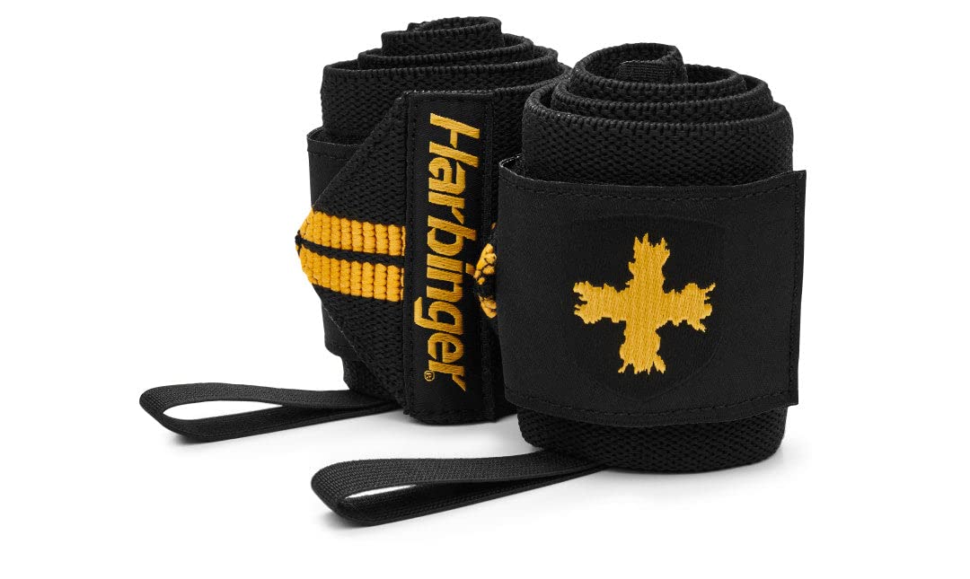 Harbinger 18" Red Line Wrist Wraps-Competiton grade Elastic Stabilises and Supports the Wrists,Adjustable Hook and Loop Fastener for Quick Fit Changes,Ideal For Heavy Lifting,45.72cm,Black/Gold