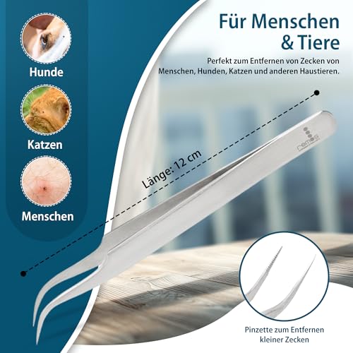 REMOS Zeckenzange Zeckenpinzette Edelstahl rostfrei mit gebogener Spitze für Menschen und Tiere