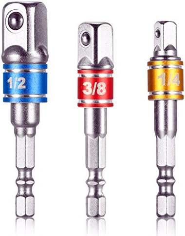 Impact Grade Socket Adapter/Extension Set Turns Power Drill Into High Speed Nut Driver, 3Pcs 1/4" 3/8" 1/2" Hex Shank Bit Square Power Drill Cordless Impact Sockets Bit Set with Color Coded Ring