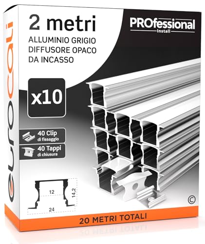 Eurocali 10x Profili da 2 metri (20mt) in Alluminio grigio per Strisce LED Copertura Opaca larghezza max nastro led 12mm - 24 x 14.2