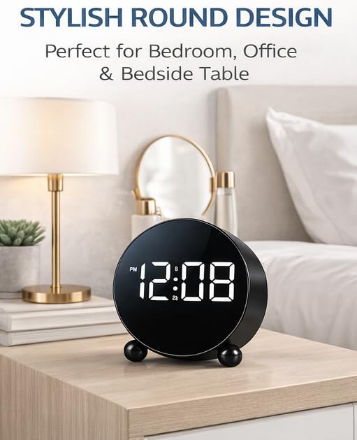 Image of Zollyss Digital Alarm Clock for Study Table | Black | Round LED Display with Double Bell | Digital Alarm Clock with 3 Brightness Levels | for Bedroom or Office
