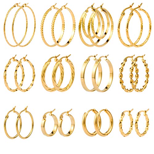 Jinxiuge 12 Pairs Gold Hoop Earrings Set Stainless Steel Twisted Round Small Chunky Hoop Earrings for Women Teen Girls
