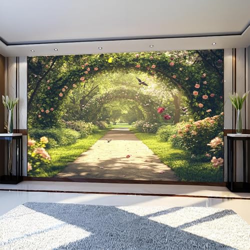 Papel Tapiz Fotográfico Corredor de flores del parque 350 x 250 cm Verde Papel Pintado Panorámico Decorativo para Salón, Oficina o Habitación Infantil