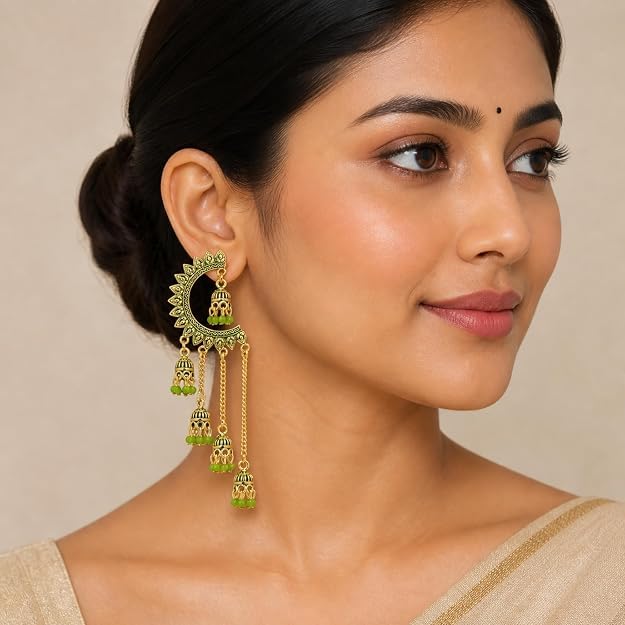 Image of WORLD CRAZE Multicolour long kashmiri jhumka for women chandbali earrings chand baliyan | kashmiri earrings for women | bahubali earrings stylish | Traditional Indian Festive Jewelry | Long Chain Tassels | Pearl Drop Latkan Jewellery (Multi colour)
