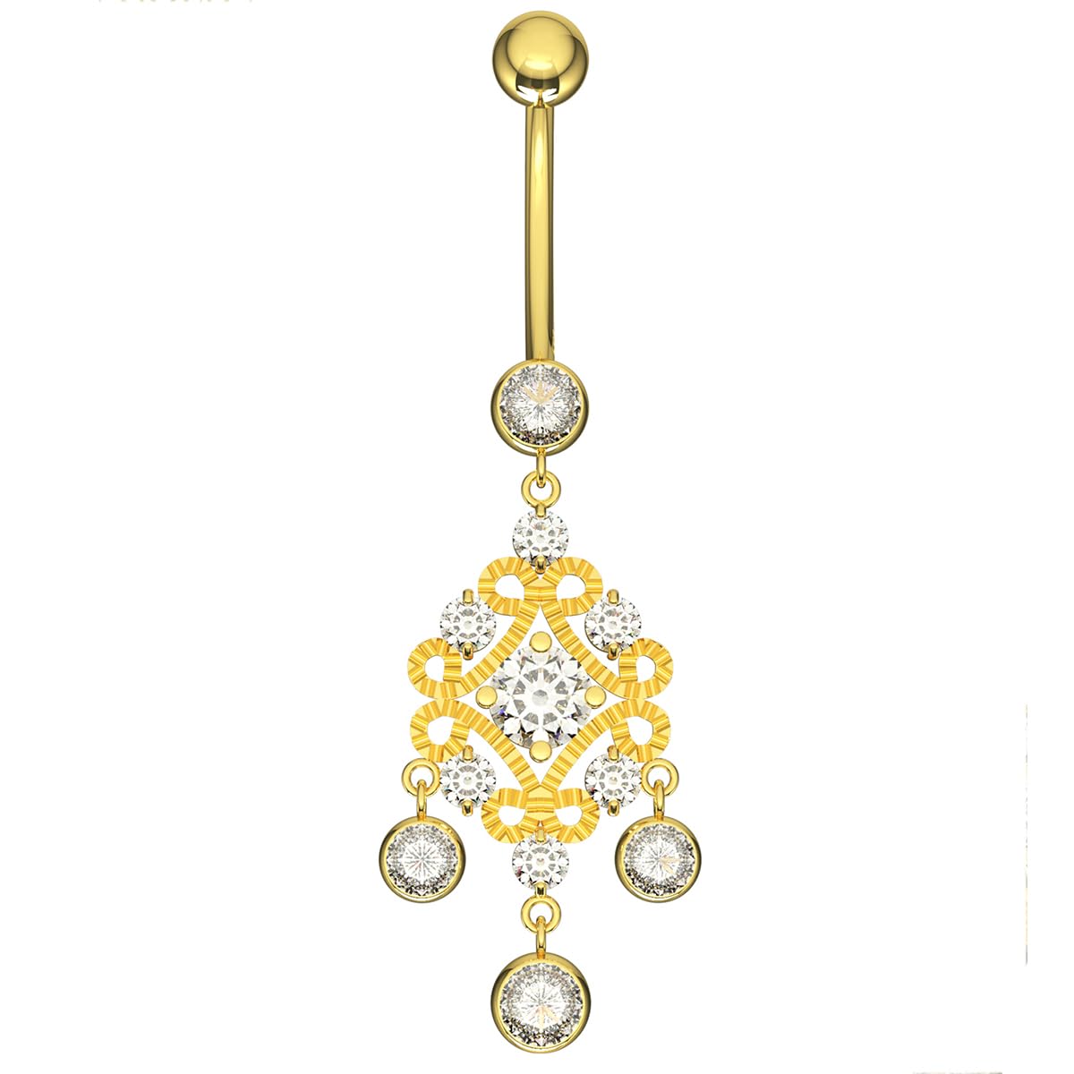 Piercing para el ombligo de oro amarillo macizo de 14 quilates con piedra de circonia cúbica, diseño floral, joyería de ombligo de 14 quilates, calibre 14, 14 Gauge - 12mm Length,