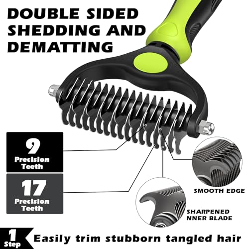 Image of Professional 3PCS Self Cleaning Slicker Brush & Pet Grooming Rake & Flea Comb for Dogs,Cats and Horses | Double-Sided Dematting Comb & Skin Friendly Deshedding Grooming Tool | Pet Supplies (Green)