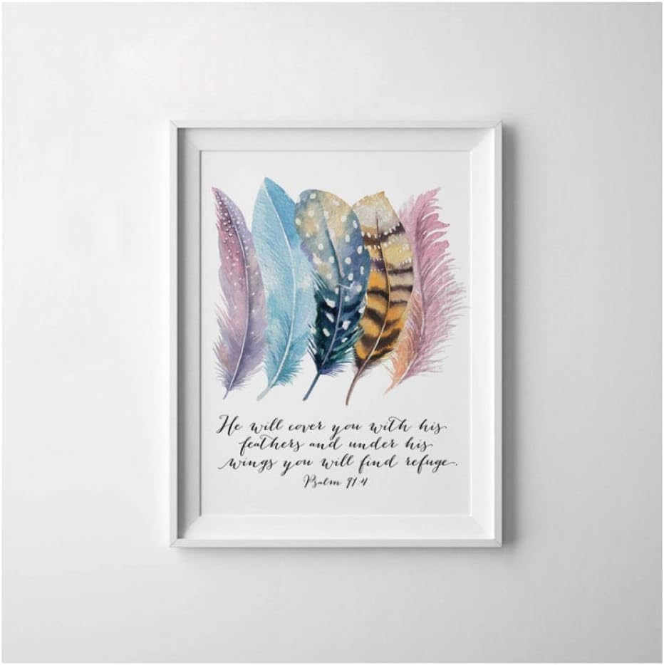 AdoDecor Cuadros decorativos, Versículo bíblico Salmo 91: 4 Póster Cuadros decoracion salon modernos, Cita cristiana de las Escrituras de plumas de pájaro Cuadros decoracion dormitorios(Sin marco)