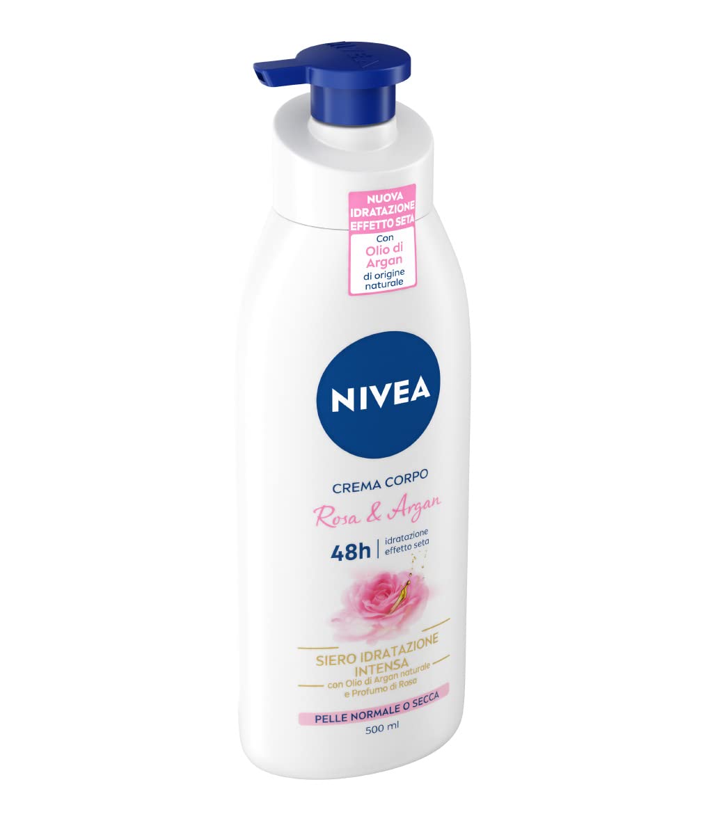 Nivea Crema Corpo Rosa & Argan 48h Formula con Ingredienti di Origine Naturale Azione Idratante Ammorbidente Illuminante Pelle Normale o Secca Texture Leggera Effetto Seta - 4 Flaconi da 500ml