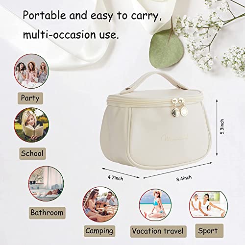 Image of ARLICORPING Makeup Storage Bag,Portable Cosmetic Bag,Pu Leather Multifunctional Vanity Bag for Makeup,Cosmetic Brush Case,Cosmetic Travel Bag for Women Organization Bag with Handle(Off White),11 cm