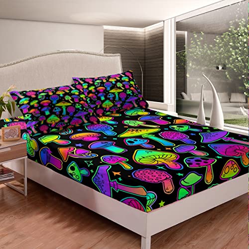 Cute Mushroom Bed Sheets Queen,Purple Teal Mushrooms Sheet Set For Kids Girls Teens Women,Hippie Botanical Bedding Set Colorful Wild Plants Stars Decor Fitted Sheet + Flat Sheet + 2 Pillow Cases #TOP3