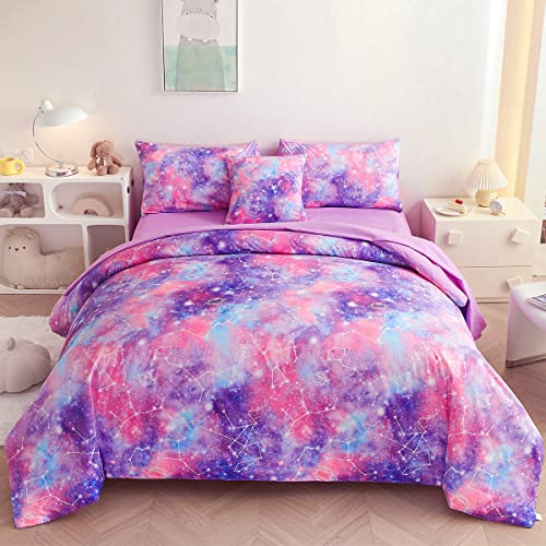 Image of 6 Pcs Purple Girls Bedding Set, Comforter Set Galaxy Full Bedding Set for Girls Teens