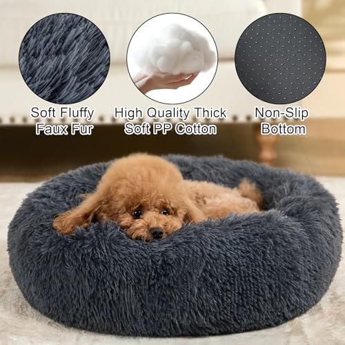 Dog Calming Beds for Small Medium Large Dogs - Round Donut Washable Puppy Dog Bed, Anti-Slip Faux Fur Fluffy Donut Cuddle Anxiety Cat Pet Bed(20" Dark Grey) - Image 3
