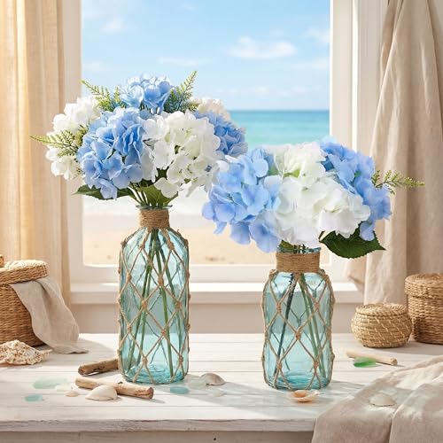 Image of Chuangdi Set of 2 Coastal Glass Flower Vase with Boho Rope, Light Blue