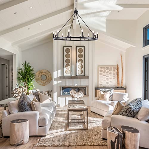 Image of 12-Lights Black Wagon Wheel Chandelier 38 inch Industrial Hanging Light Fixture for Dining Room Farmhouse Round Chandeliers for Living Room Foyer Hallway Kitchen Island Entryway