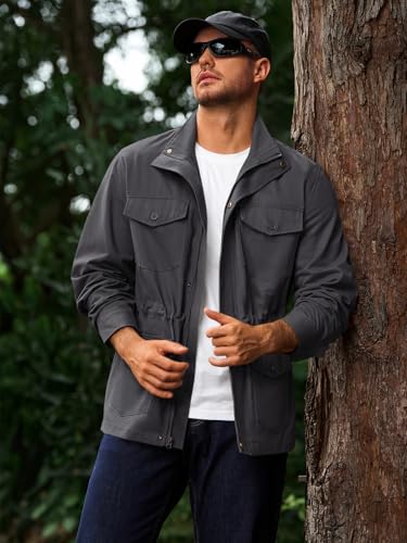 Runcati Mens Military Jacket Full Zip and Button Safari Field Jacket Multi Pocket Cargo Outdoor Coat2