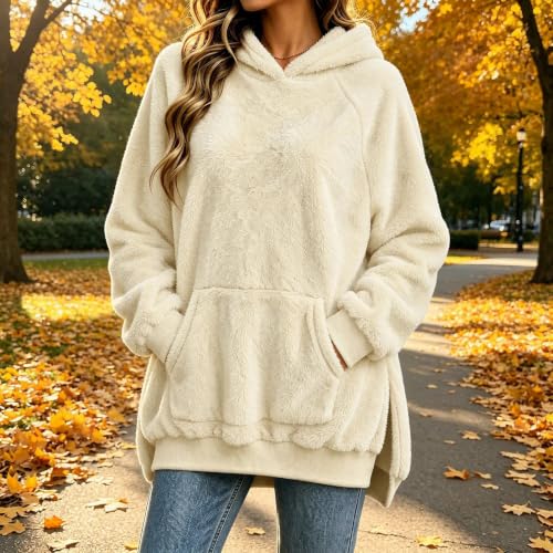 Fleece Hoodie Women Fuzzy Pullover Pocket Side Slits Fall Winter Outfits - image 7