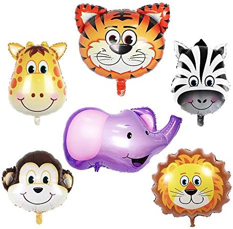 Animal Foil Safari Balloons, Pack of 6, Jungle Theme Party Supplies for Birthday or Baby Shower Decorations, Durable Mylar Zoo Décor, Large Lion, Zebra, Giraffe, Monkey, Elephant, Tiger Balloons