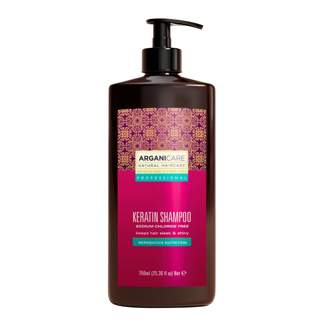 ARGANICARE Shampoing Kératine Professionnel 750 ml – Régénérant pour cheveux abîmés, traités thermiquement ou chimiquement – Tous types de cheveux – Sans chlorure de sodium, à l’huile d’argan