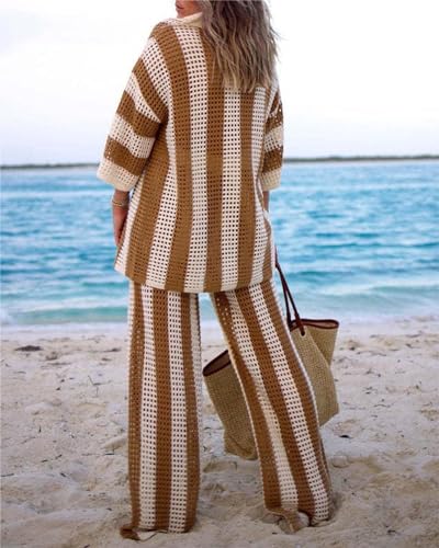 loveimgs Womens Summer 2 Piece Crochet Knit Outfit Striped Short Sleeve Button Shirt Hollow Out Wide Leg Pants Set4