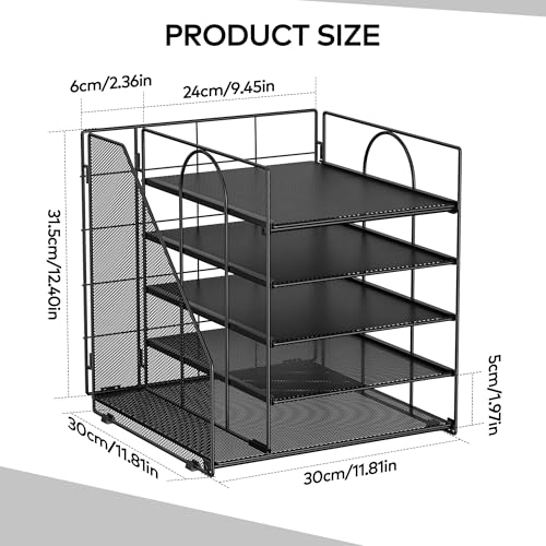 ADO04 Metal Mesh Desk Organizer, 5-Tier Paper Letter Tray with File Holder, Vertical Magazine/File Holder, Desktop Organizer for Office Supplies (Black) image 8