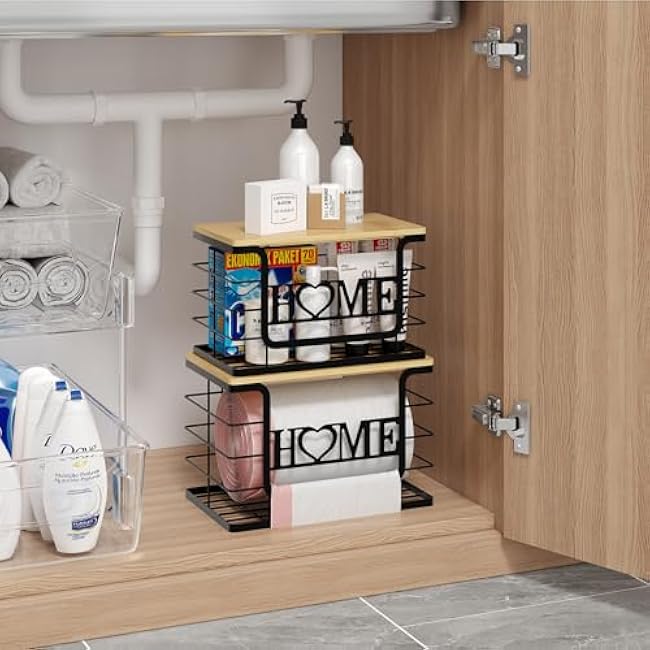 Trash Bag Holder, Thipoten Trash Bags Dispenser with Bamboo Top, Suitable for Garbage Bags Purchased Online or Supermarket, Perfect Storage Organizers for Cabinet, Under Sink (Black, 2pack-XL/L)