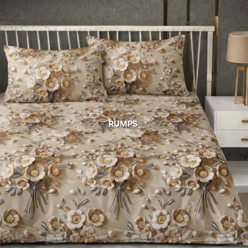Image of RUMPS 380 TC Premium Heavy Cotton 7D Print Fast Colour Feel Elastic Fitted Floral Bedsheet King Size with 2 Pillow Covers || (Gold, Fitted - 72 inchx78 inch King)