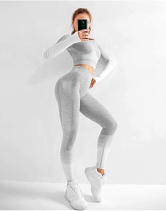 Amazon Co Jp Hanbin ワークアウト衣装ジム服 レディースワークアウトセット2ピース ストレッチスポーツブラジャージム服 グレー ハイウエストヨガレギンス Small 64cm ファッション