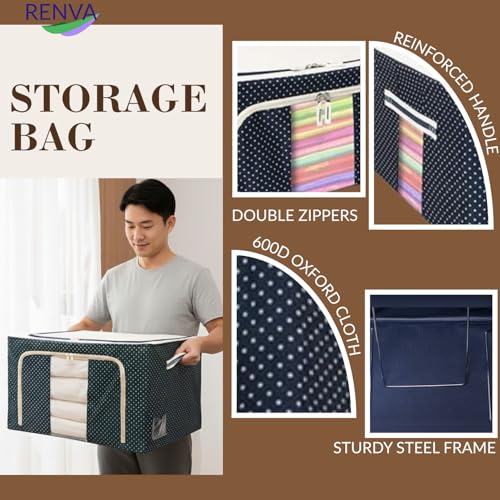 Image of RENVA 2 PCS polycotton Clothes Storage Organizer Bins, Foldable Storage Bins-Cloth Steel Frame Storage Box with Foldable Clear Window & Reinforced Handles (Blue, 66L-2)