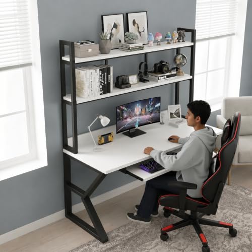Image of TEKAVO Malto Computer Table for Home Pc | Office Table for Home | with Book Shelf, Study Table with Hutch, Modern Workstation, Black & White Wood, Metal (120 Cm x 60 Cm x 75 Cm) - DIY