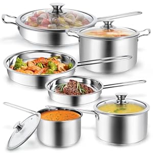 10-Piece Pots and Pans Set, Stainless Steel Cookware Set- Includes Ergonomic Handle Saucepans, Skillets, Dutch Oven, Stockpot, Steamer & More – Premium Pots and Pans for Home Chefs